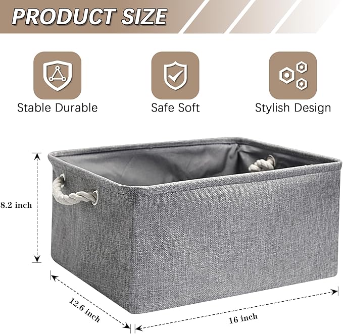 Fabric Storage Bins, 2 Pack Foldable Cube Baskets with Rope Handles, Large Collapsible Storage Cubes for Home, Office, Closet, Clothes, Books Organizer. (Gray, 2PCS/16*12.6*8.2inch)-NeatNest