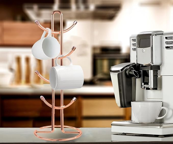 FitWell Coffee Mugs Holder, Mug Tree, Mug Organizer for Cabinet, Mug Stand, Coffee & Tea Cup Storage Rack (Copper, 8 Mugs Holder (17.5" H))-NeatNest