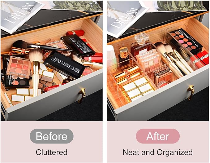 JessLab Acrylic Organizer, 2PK Cube Sections Makeup Organizer for Drawer, Makeup Organizer for Vanity, Countertop, Bathroom, Kitchen and Cabinet Storage(3+3 Compartment)-NeatNest