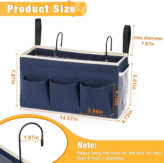 Bedside Caddy Bedside Organizer Bedside Storage Caddy with Fixed Straps and Water Bottle Holder for Home College Dorm Bunk Bed Hospital Bed Crib Bed Rails (2pcs Navy Blue)-NeatNest