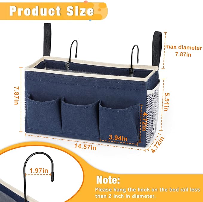 Bedside Caddy Bedside Organizer Bedside Storage Caddy with Fixed Straps and Water Bottle Holder for Home College Dorm Bunk Bed Hospital Bed Crib Bed Rails (Navy Blue)-NeatNest