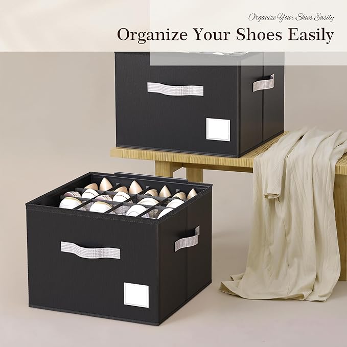 Criusia Shoe Organizer for Closet, Foldable Shoe Storage Organizer with Clear Cover and Sturdy Handles, Fit 12-16 Pairs, Closet Organizer for Shoes Sneakers Sandals Heels, 2 Pack, Black-NeatNest