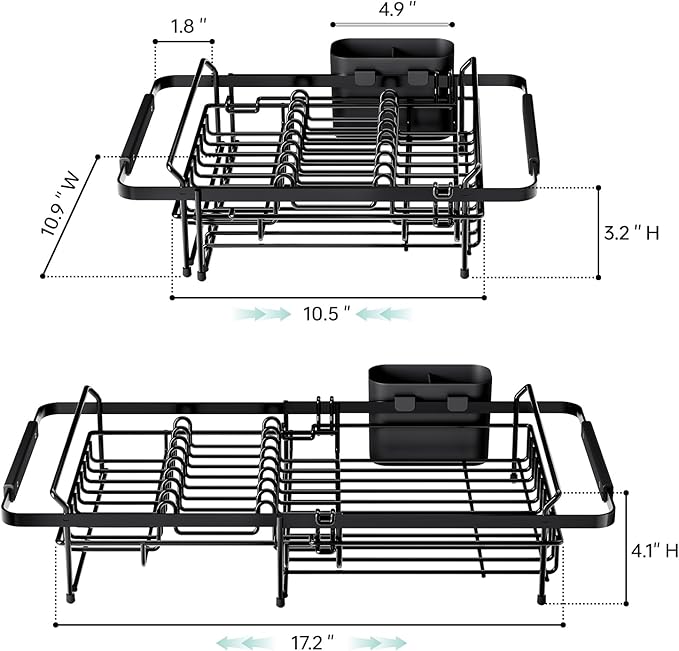 Expandable Dish Drying Rack Over The Sink, Adjustable Dish Rack in Sink, Dish Drainer for Kitchen Counter, Dish Strainer with Utensil Holder, Dish Rack Fit for 14"-19" Kitchen Sink, Matte Black
