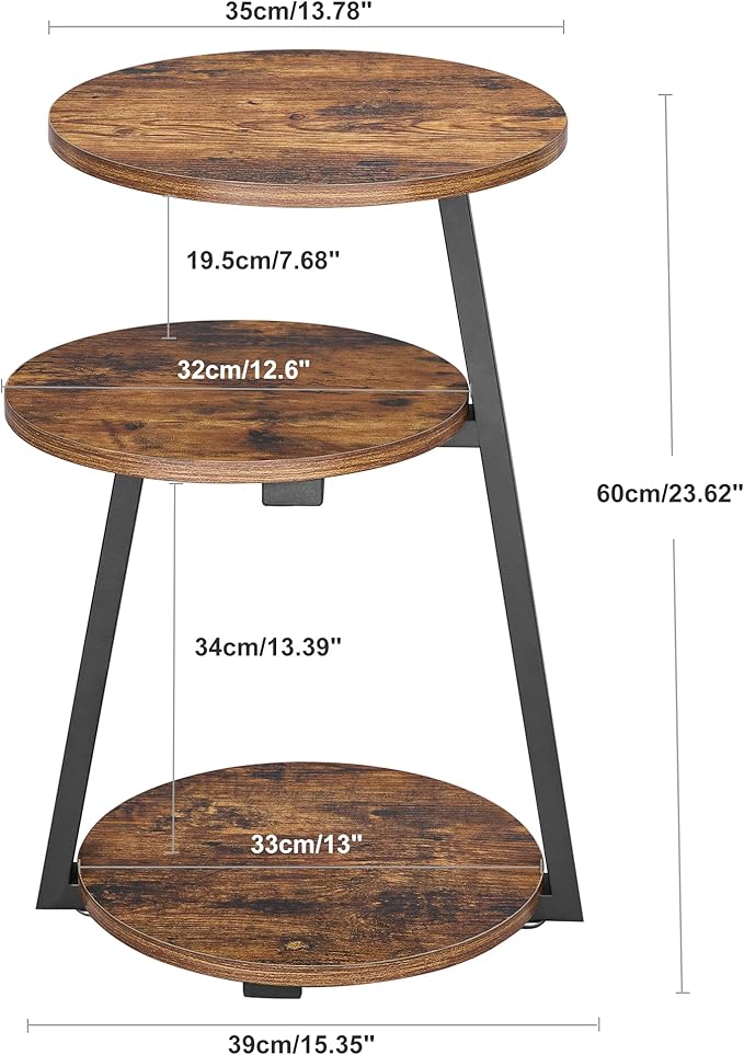 BEWISHOME Round End Table Side Table with Metal Frame, Accent Nightstand Bedside Table with 3-Tier Shelves, Small Couch Coffee Table for Living Room Bedroom Rustic Brown KTZ41Z-NeatNest