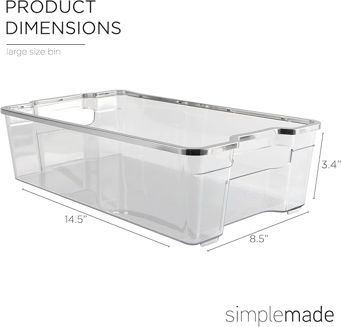 SIMPLEMADE Clear Refrigerator Organizer Bins - Clear Bins for Fridge, Containers for Fridge and Freezer, Multipurpose Storage for Kitchen, Office, Bathroom, Silver Rim (8.5" x 14.6")