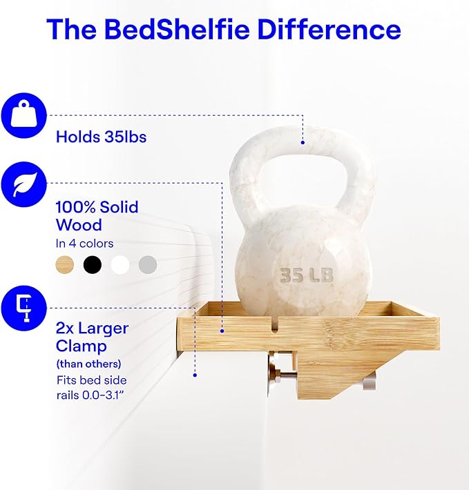 BedShelfie Bedside Shelf for Bunk Bed & Top Bunk, College Dorm Room & Loft Nightstand, Floating Bed Side Table Tray Storage - Natural Wood Plus-NeatNest