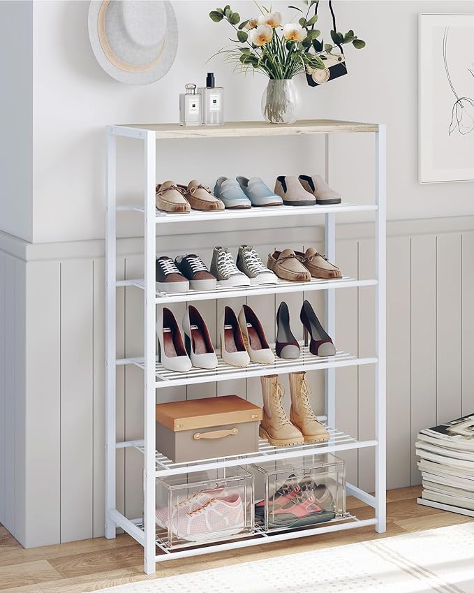 Yusong Shoe Rack Organizer, 6 Tier Industrial Shoe Storage Shelf, Narrow Sturdy Metal Shoe Shelves for Closet Entryway, Rustic Brown-NeatNest