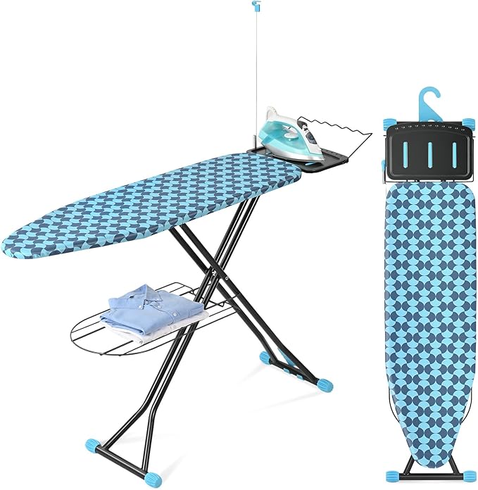 APEXCHASER Ironing Board, Foldable Iron Board with Iron Rest, Metal Panel Ironing Board, Adjustable Height Heavy Duty Irons Board with Germent Rack, Heat & Scorch Resistant Cover, 13x43 Blue