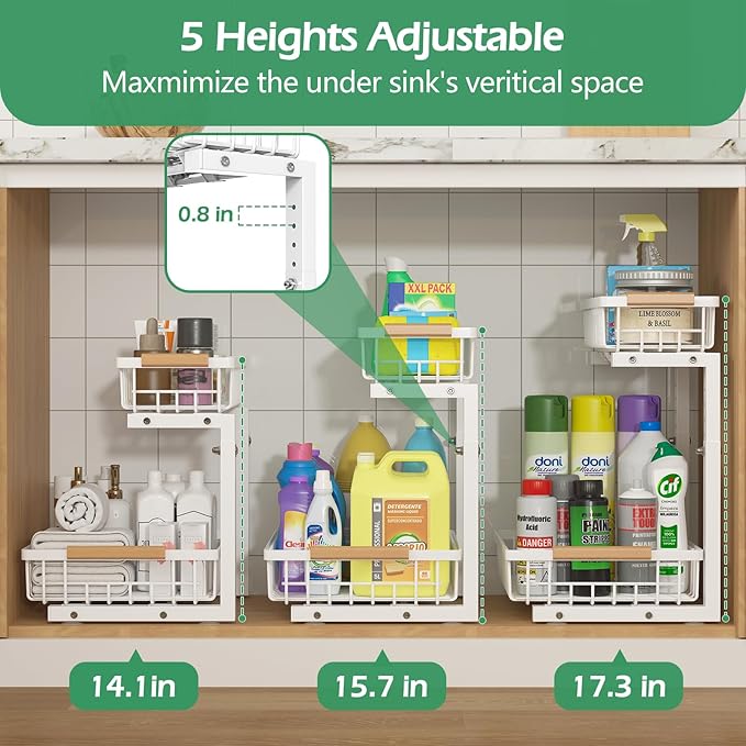 ADRIMER Under Sink Organizer 2 Packs, Pull Out Kitchen Sink Organizer, 2 Tier Slide Out Kitchen Organizers and Storage Bathroom Under Cabinet Storage Shelf, White-NeatNest