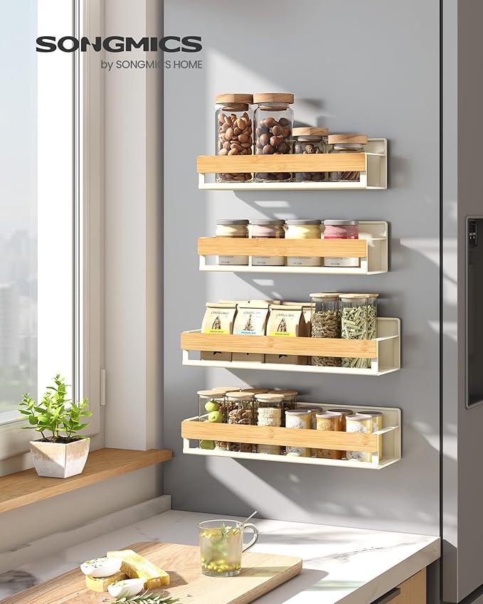 SONGMICS Magnetic Spice Rack for Refrigerator, 4 Pack, 2 Large and 2 Small Kitchen Magnetic Shelves for Washing Machine, Spice Organizers, No Drilling Needed, Cream White and Light Bamboo UKCS062WD01