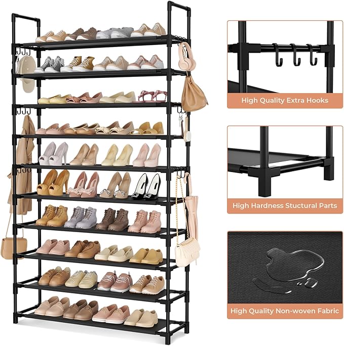 Tall Shoe Rack 10 Tier Shoe Organizer Large Shoe Shelf with 18 Hooks Storage for 50 Pair Sneaker and Boot, Stackable Vertical Shoe Rack Organizer for Closet, Entryway, Bedroom-NeatNest