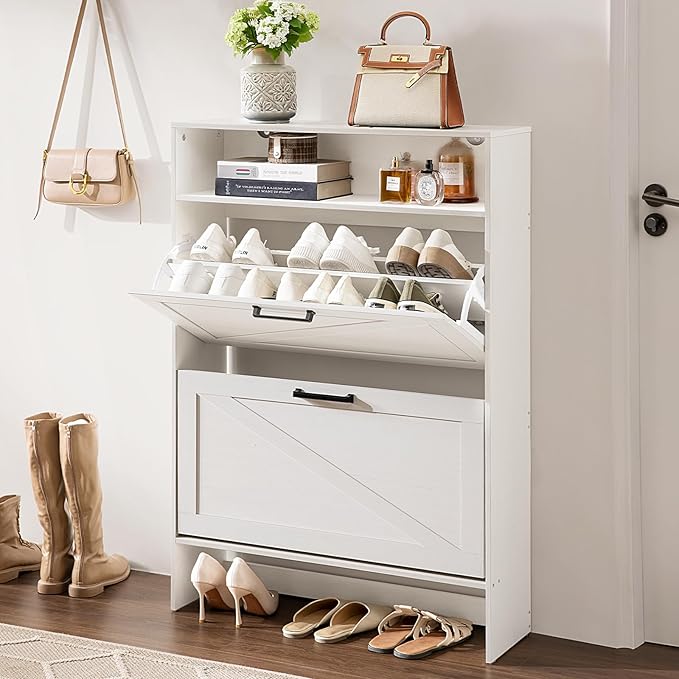 Shoe Storage Cabinet with 2 Flip Drawers,Farmhouse Narrow Shoe Organizer with Legs,Freestanding Hidden Slim Shoe Rack Cabinet with Open Storage for Entryway,Hallway, Foyer, White-NeatNest