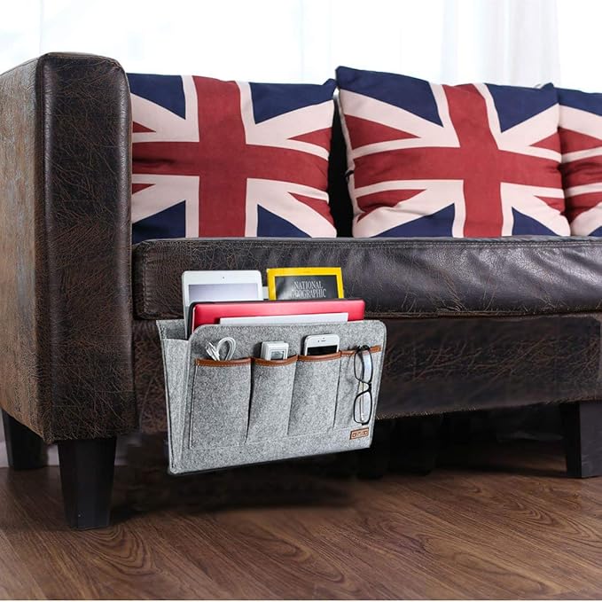 Bedside Caddy, Large Size Storage Organizer with 7 Pockets for Magazine, Remotes, Phone (17.3'' x 18.1'', Light Grey)-NeatNest