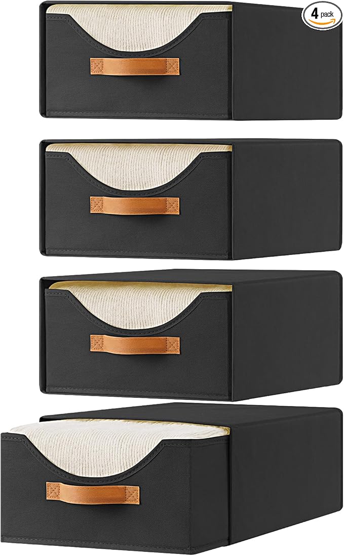4 Pcs Closet Drawers and Large Size Clothes Storage Bins Push-Out Storage Stackable Shelf Drawers with See-Through Window Closet Organizers for Bedroom, Living Room, Under Bed, Black-NeatNest
