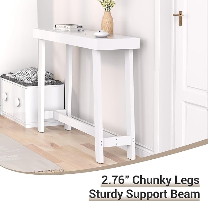 Bamboo Wood Entryway Table 47.2" Console Table, Narrow Sofa Table with Support Beam for Entrance, Hallway, Living Room, Bedroom, Foyer(White)-NeatNest