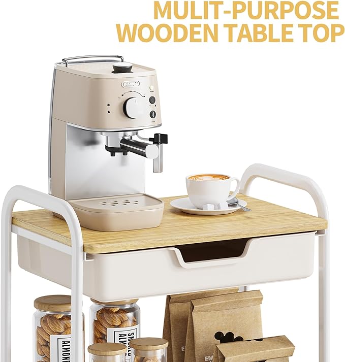 TOOLF 3-Tier Metal Utility Rolling Cart with Drawer and Wooden Table Top, Storage Cart White Trolley Kitchen Organizer Rolling Desk with Locking Wheels for Office, Classroom, Home, Bedroom-NeatNest