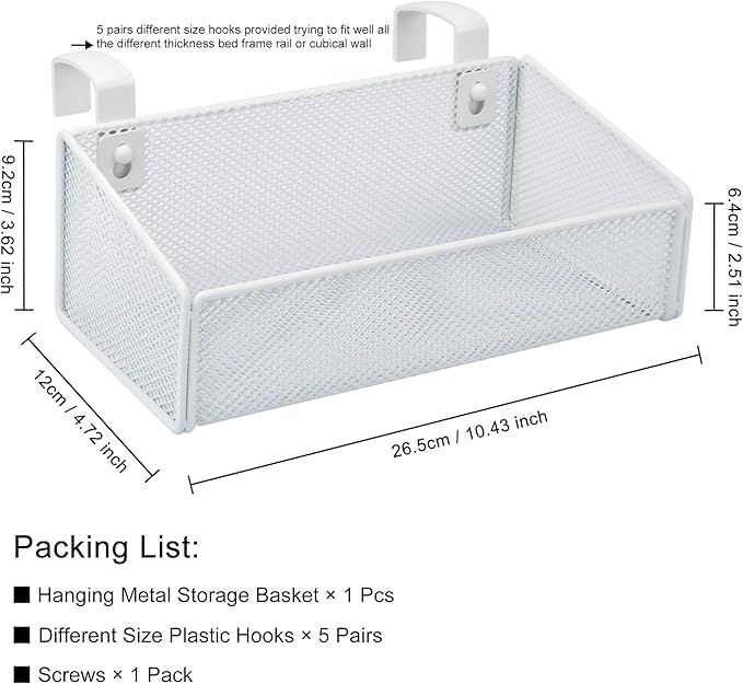 Bedside Caddy Hanging Storage Basket Beside Shelf Metal Organizer for Collage Dorm Bunk Bed,Hospital Bed,Baby Bed - Bedroom Essentials for Magazine,Remote Control,Phone,Drinks (White)-NeatNest