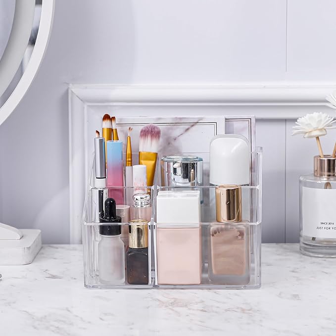 Yesesion Clear Makeup Organizer with 5 Compartments, Plastic Bathroom Counter Storage for Skincare, Toothbrush, Cosmetics Brushes, Palette, Lipsticks, Hair Accessories Holder for Vanity Dresser-NeatNest