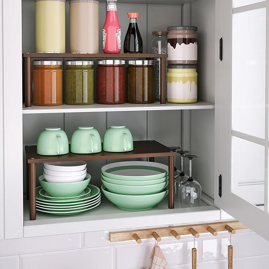 Cabinet Organizer Shelf(Set of 2),Kitchen Counter Shelves,Bamboo Spice Rack Countertop and Cabinet,Stackable Expandable,Large(Brown)-NeatNest