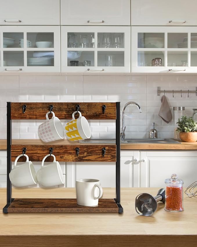 IBUYKE Wood Coffee Mug Holder for Countertop,16 Hook Mug Tree Holder Rack with Storage Base,Mug Display Organizer,Mug Holders for Home Kitchen, Rustic Brown UTBJ001H-NeatNest