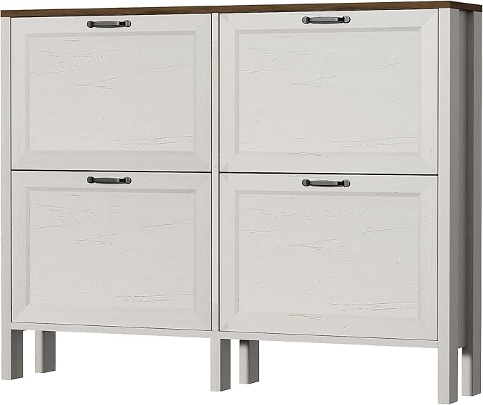 Shoe Storage Cabinet with 4 Flip Drawers, Wooden Shoe Rack with Metal Handle, Freestanding Hidden Shoe Storage Organizer with Open Shelf, Narrow Shoe Rack for Entryway, Hallway (White Brown)