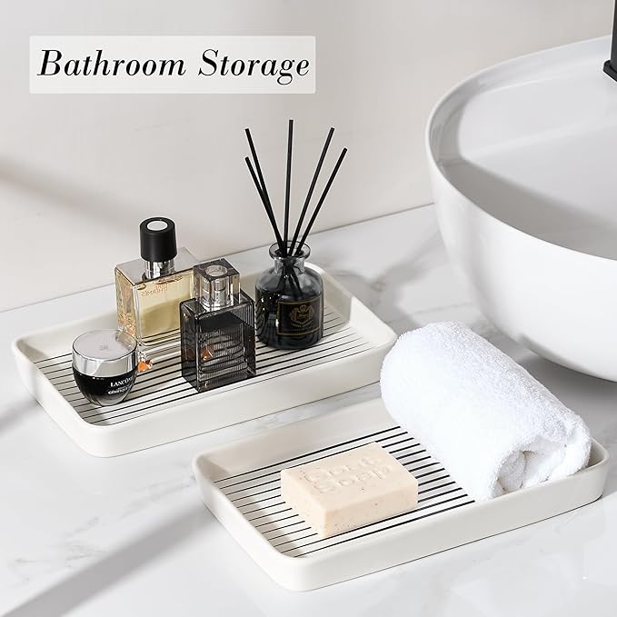 Bathroom Vanity Tray for Countertop,2PC Rectangle Striped Tray,Decorative Bathroom Organizer for Scrubber, Lotion Bottles, Perfume, Jewelry, Candle, Key Trinket Ring(Large,White)-NeatNest