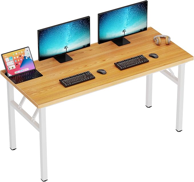 DlandHome Computer Desk 62 inches Office Desk Computer Table Study Writing Desk Workstation for Home Office Metal Frame Teak and White-NeatNest