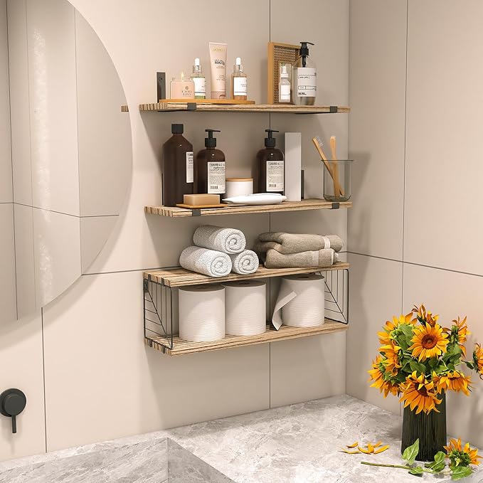 Fixwal 3+1 Tier Bathroom Floating Shelves Over Toilet, 15.8in Farmhouse Rustic Wood Shelves, Wall Decor for Bathroom, Living Room,Bedroom and Kitchen (Rustic Brown)-NeatNest