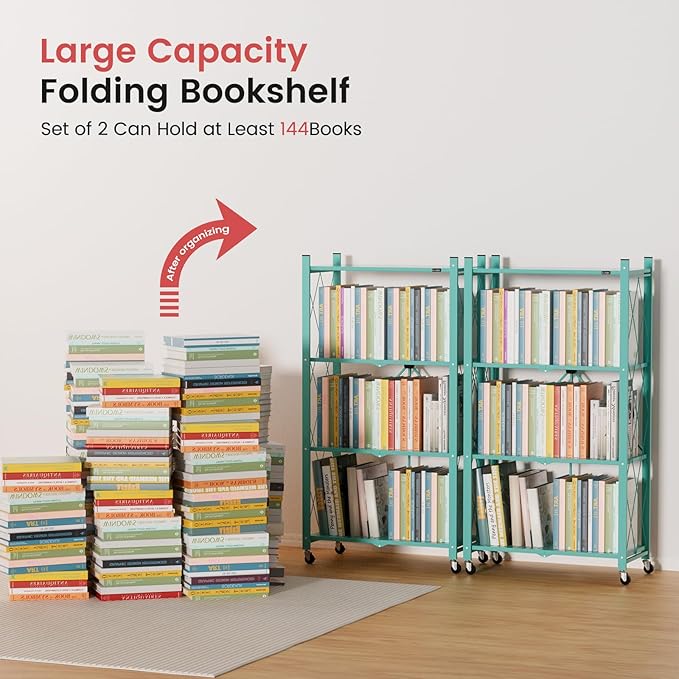 ALANNG 2-Pack Folding Bookshelf on Wheels, Cute Rolling Shelves for Bedroom, Colorful Storage Cart for Kids Rooms, Nursery, No Assembly Metal Book Shelf (4 Tier, Mint Green)