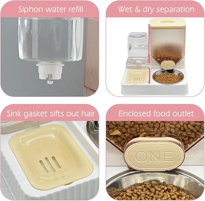 Fhiny Gravity Cat Feeder & Water Dispenser, 2 in 1 Automatic Puppy Waterer Removable Stainless Steel Food Bowls Set Self Feeding Pet Food Storage for Cat Kitten Puppy Easy Clean (Yellow)-NeatNest