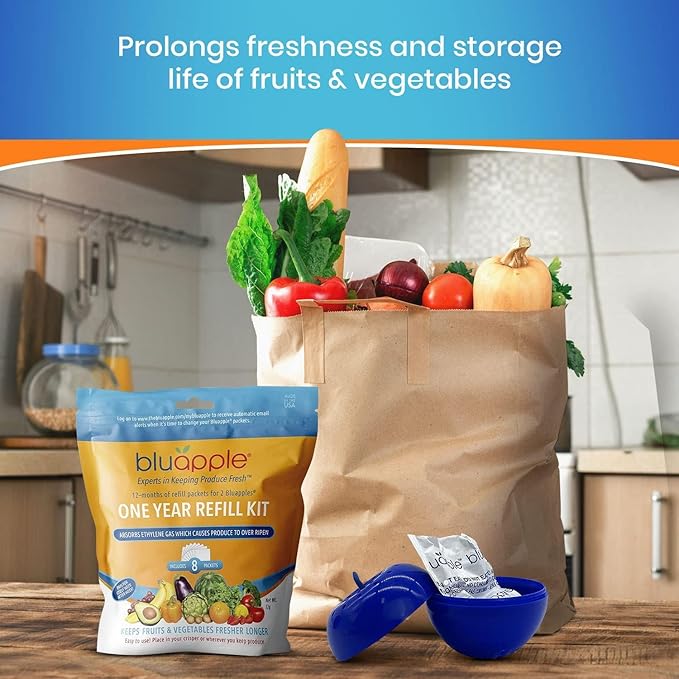 Bluapple Produce Saver Refill Kit - Keep Fruits & Vegetables Fresh Longer, Veggie & Fruit Saver, 8 Packets (9 grams each), Lasts up to 3 Months, Produce Storage, Ethylene Gas Absorber, Made in USA-NeatNest
