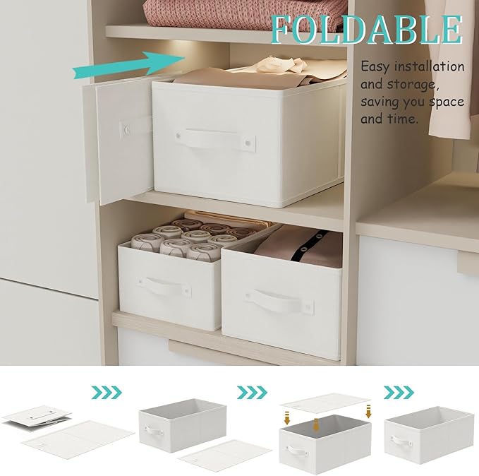 Fabric Storage Boxes for Shelves, 3 Pack Foldable Cloth Bins, Closet Organizers System with 2 Handles, Durable and Sturdy, Saving Space, White & Ivory, 16.1 x 9.8 x 6.5 In, XSNY11WM-3-NeatNest