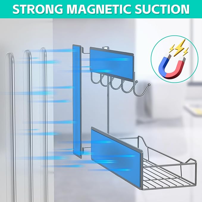 5 Pack Multifunctional Magnetic Shelves for Washing Machine & Refrigerator - Heavy Duty Laundry Room Organization System with Tool Hooks, Metal Storage Baskets (Grey)