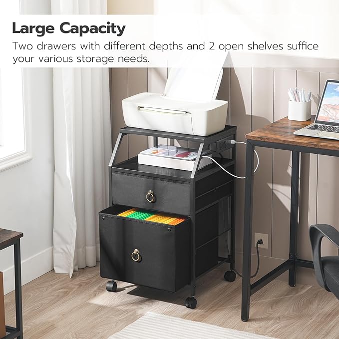 HOOBRO 2-Drawer Mobile File Cabinet, Filing Cabinet with Charging Station, Rolling Printer Stand with Open Storage Shelf, fits A4/Letter-Size for Home Office, Nonwovens Drawer, Black BB10UWJ01