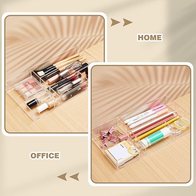 Acrylic Clear Desk Drawer Organizer 6 Section 11 x 6.1 x 1.38 Inch Storage Tray Organizer for Pens, Stationery, Desktop, Office, Bathroom, Kitchen, Makeup Supplies