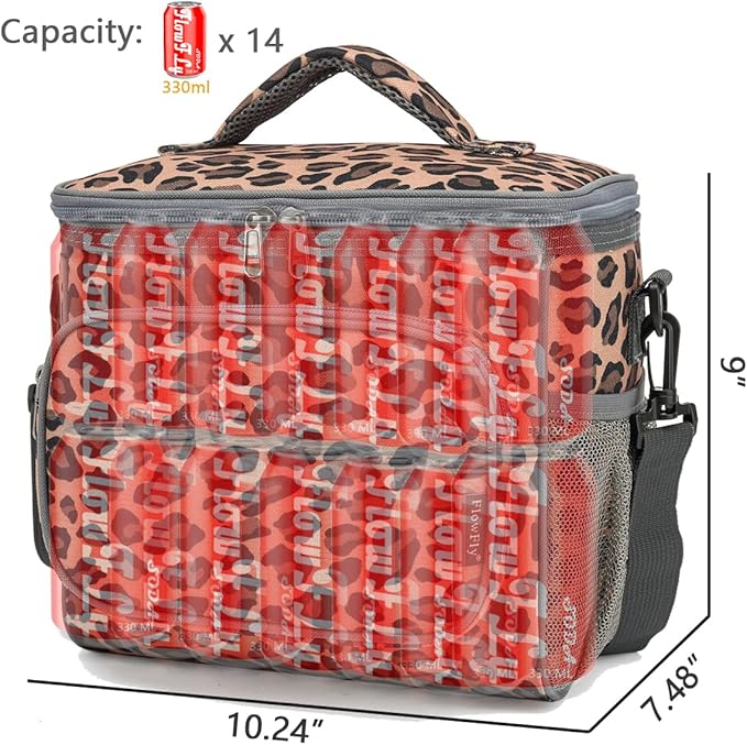FlowFly Insulated Reusable Lunch Bag Adult Large Lunch Box for Women and Men with Adjustable Shoulder Strap,Front Zipper Pocket and Dual Large Mesh Side Pockets,Leopard-NeatNest