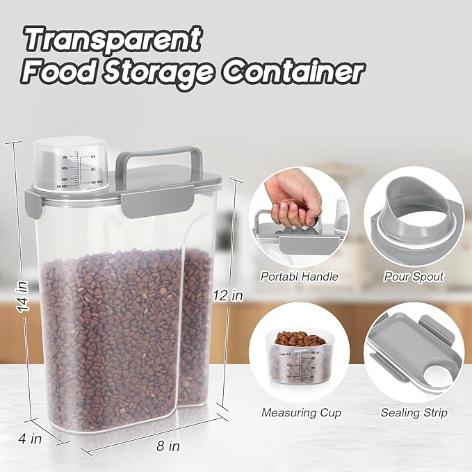 Dog Food Storage Container, Upgraded Large Nozzle BPA-free, 8-12 LBS Plastic Pet Food Storage Containers, With 4 Sealed Clasps, 1 Measuring Cup and Handle, Easy to Clean and Carry -2 Packs-NeatNest