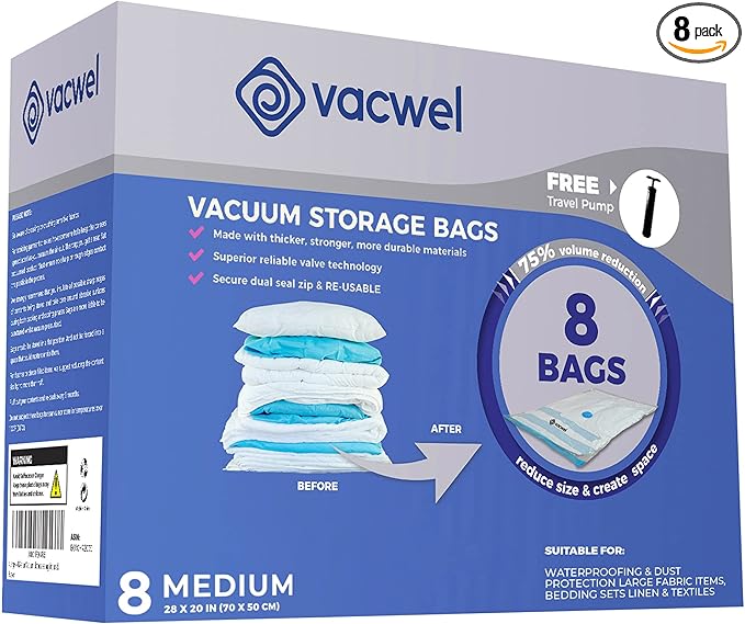 8-Pack Vacuum Storage Bags for Packing - Strong Vacuum Space Bags for Clothes - Premium Space Saver Quality - Size 28" x 20"
