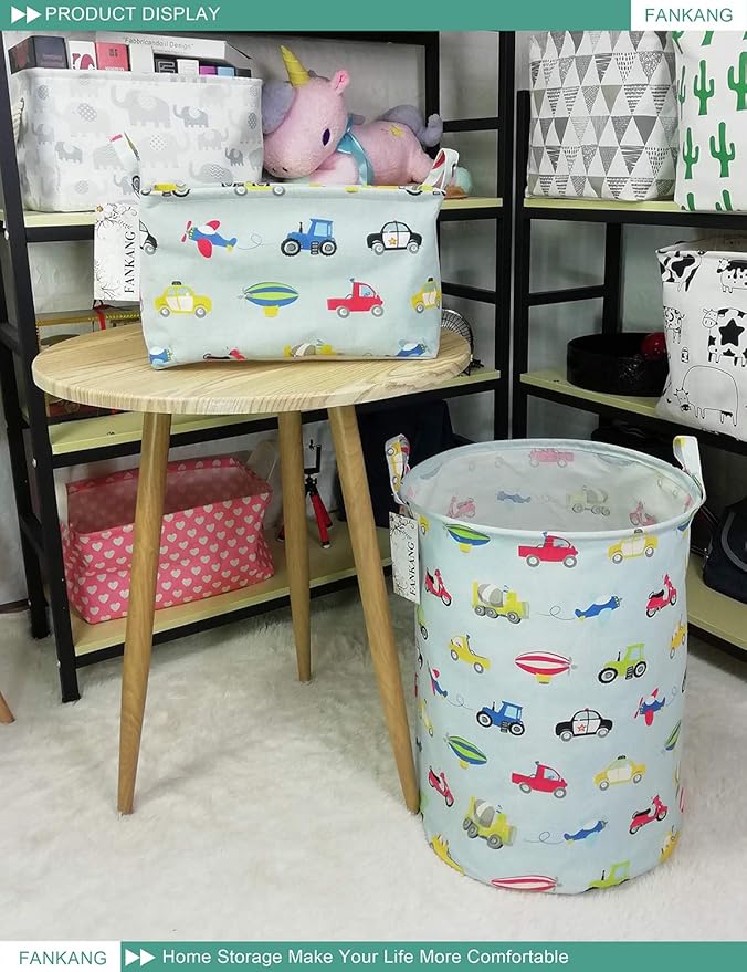 FANKANG Storage Basket, Nursery Hamper Canvas Laundry Basket Foldable with Waterproof PE Coating Large Storage Baskets for Kids Boys and Girls, Office, Bedroom, Clothes,Toys(Car)
