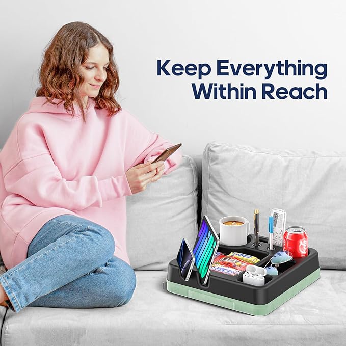 Couch Cup Holder Tray Couch Cup Holder Pillow Bed Tray Snack Sofa Bed Caddy Organizer Beach Sofa Drink Holder Anti-Spill Portable Snack Caddy Couch Remote Holder for Phone Pad Kindle Beverage Green-NeatNest