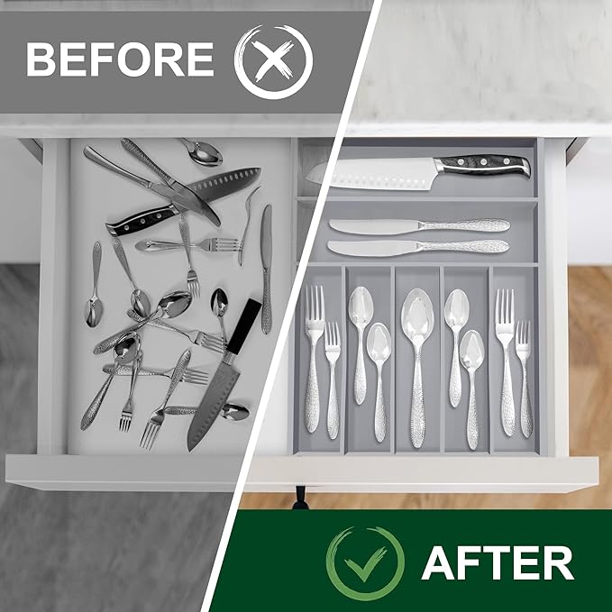 Bellsal Grey Utensil Organizer 12.5 Inch Silverware Tray for Drawer Utensil Holder Cutlery Organizer Kitchen Drawer Organizer 7 Compartment Small Narrow Bamboo-NeatNest