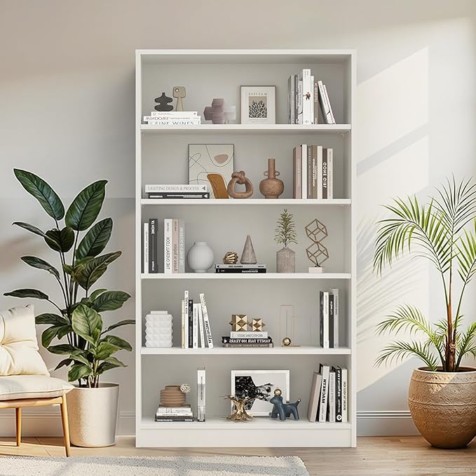 Farini 60 Inch Tall 5-Shelf Bookcase, Wood Bookshelf Storage Organizer Adjustable Shelf for Home Office, Study Room, Easy Assembly,White