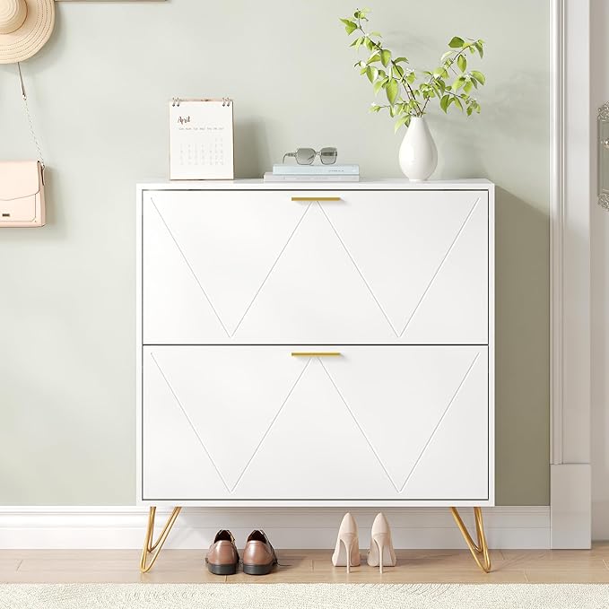 Shoe Cabinet with 2 Flip Drawers, Shoe Storage Cabinet Entryway Slim, White and Gold Narrow Shoe Cabinet w/Metal Legs, Hidden Freestanding Shoe Rack Organizer for Entryway, White-NeatNest