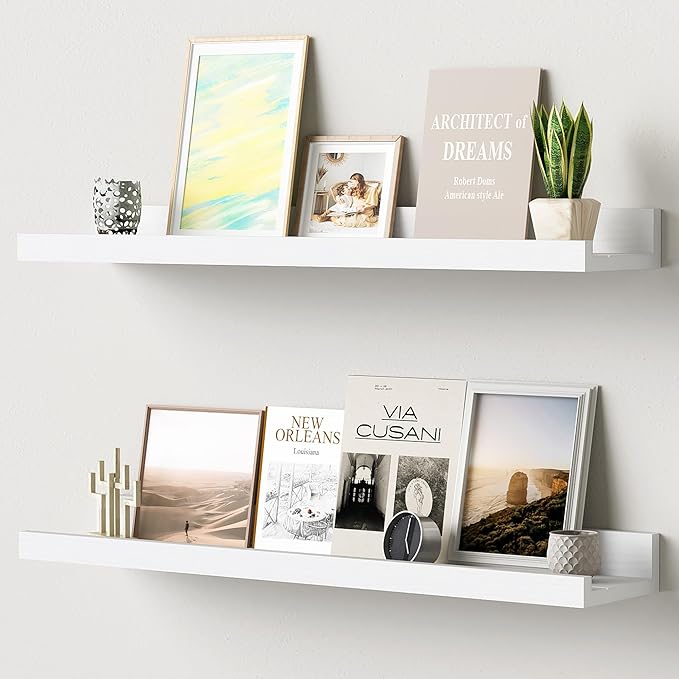 Floating Shelves for Wall, 24 inch Solid Wood Picture Ledge Shelf, Picture Shelf for Wall with Ledge, Floating Book Shelves for Living Room Bedroom Kitchen Nursery Decor, White, Set of 2-NeatNest