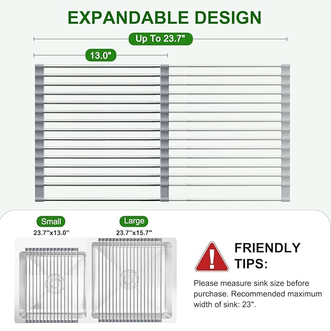 Sindax 23.7" Extra Large Dish Drying Rack, Expandable Roll Up Over The Sink Dish Drying Rack, SUS304 Stainless Steel Multipurpose Kitchen Drainer Rack Up Load to 70Lb