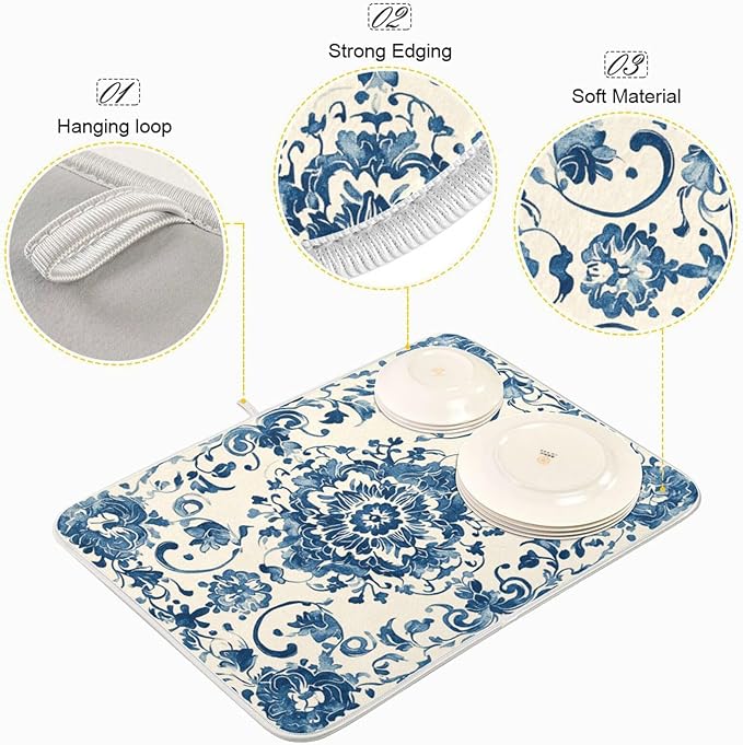 Absorbent Dishes Drainer Mat for Countertop Small Size 16 x 18, Microfiber Blue White Pattern Dish Drying Pads Kitchen Counter Draining Pad