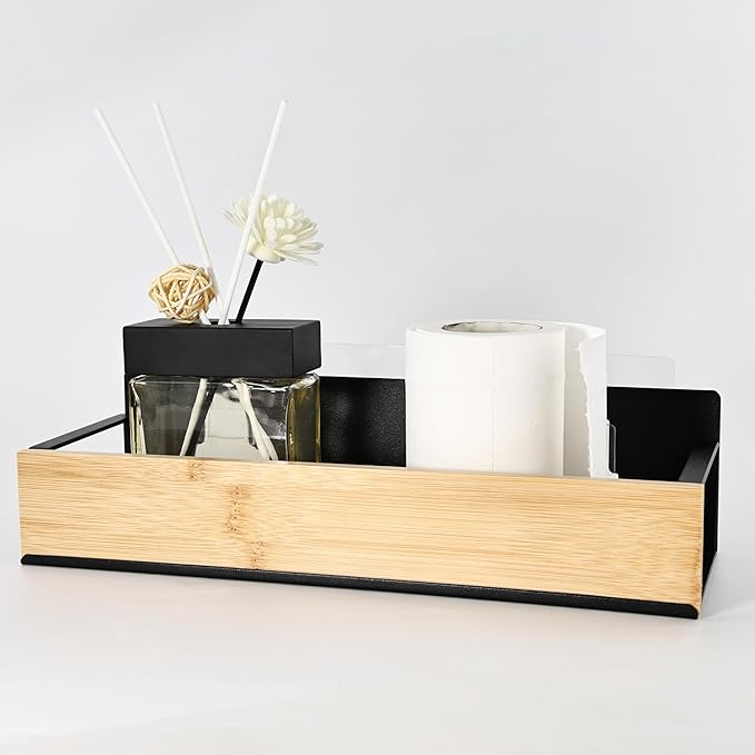 Bathroom Shelves,Wall Mounted Floating Shelf,Over Toilet Storage Shelf,Metal Bamboo Wall Shelves,Home Storage Organizer Essentials for Bathroom/Living Room/Kitchen/Bedroom(Black)