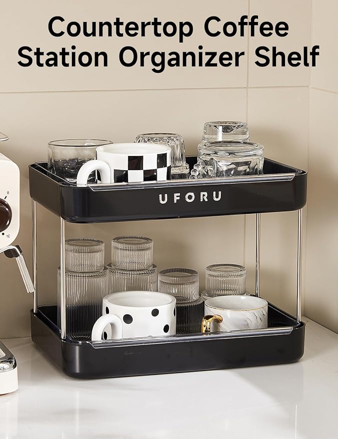 Countertop Coffee Station Organizer, 2 Tier Wine Glass Holder, Mug Display Shelf with Removable Drain Tray, Spice & condiment Rack for Kitchen, Bathroom Countertop Organizer, Black-NeatNest