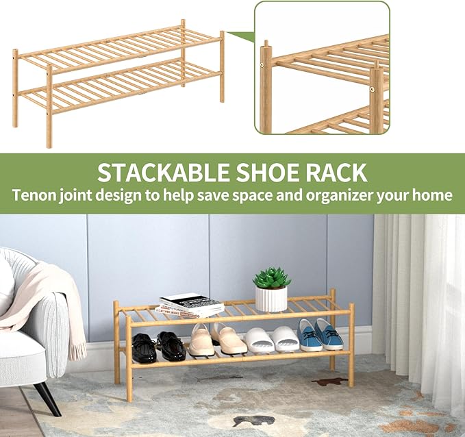 2-Tier Bamboo Long Shoe Rack, Free Standing Wood Shoe Shelf Storage Organizer for Closet Entryway Stackable 35"x11"x13" (Natural)-NeatNest