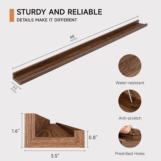 Fun Memories Picture Ledge Shelf, 48 Inch Floating Shelves Set of 2, Large Nursery Book Shelves for Toys Storage, Kids Bookshelf Wall Mounted for Wall Decor Books Photo Frames, Walnut-NeatNest
